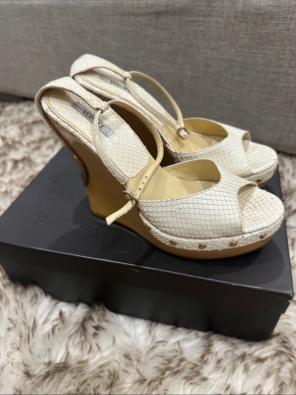 VERSACE Cream snakeskin Wedge Sandals with Gold Studs VERSACE logo on wedge